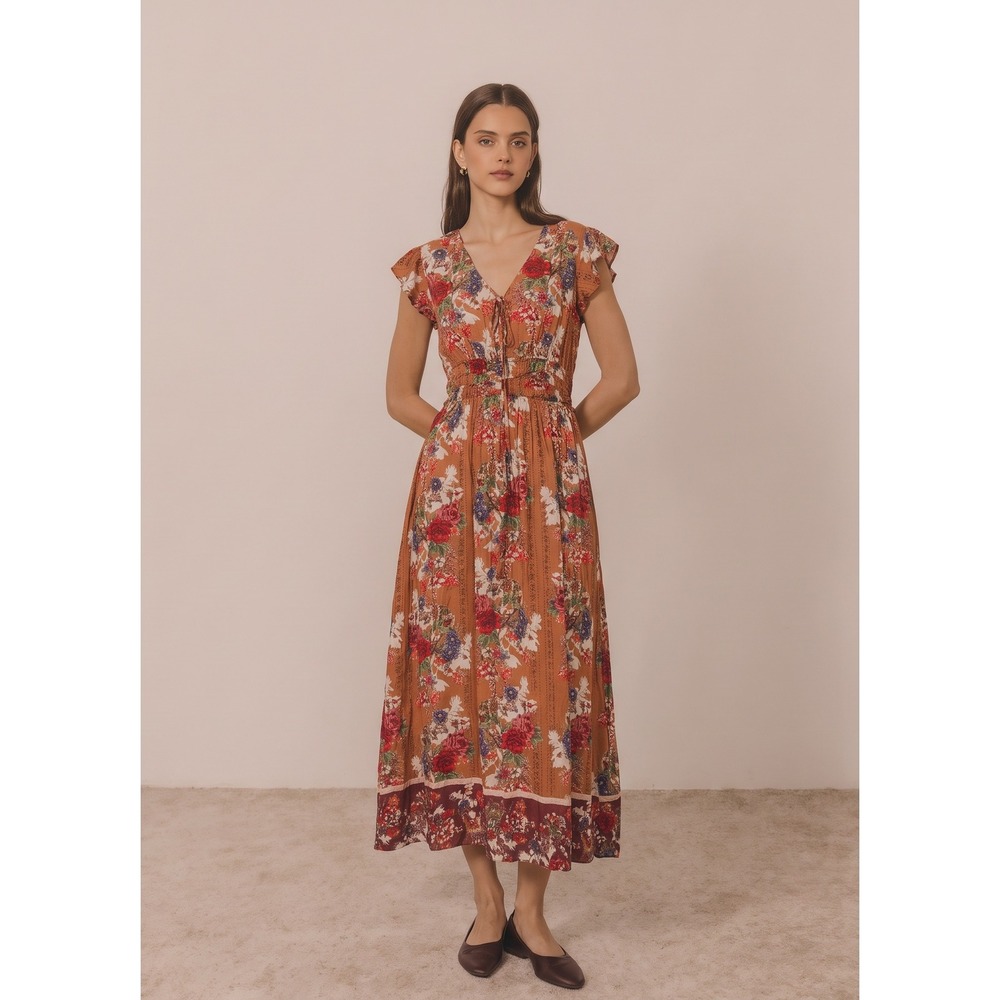 Nostalgia Floral Maxi Dress Womens Large Orange Smocked Waist Flutter Sleeve